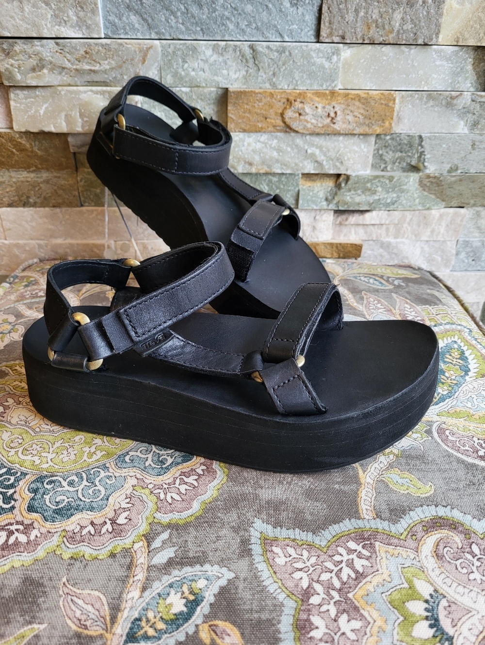 Teva Black Leather Flatform Sandals